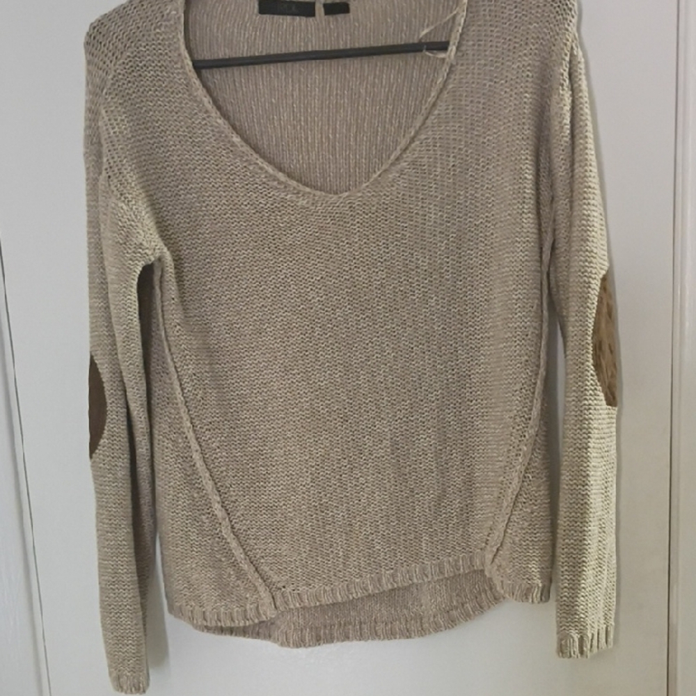 RDI Beige V-Neck Sweater with Brown Elbow Patches